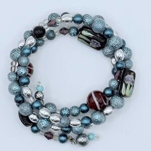 Memory Wire Wrap Bracelet Beaded Rhinestone Multi Blue Costume Jewelry